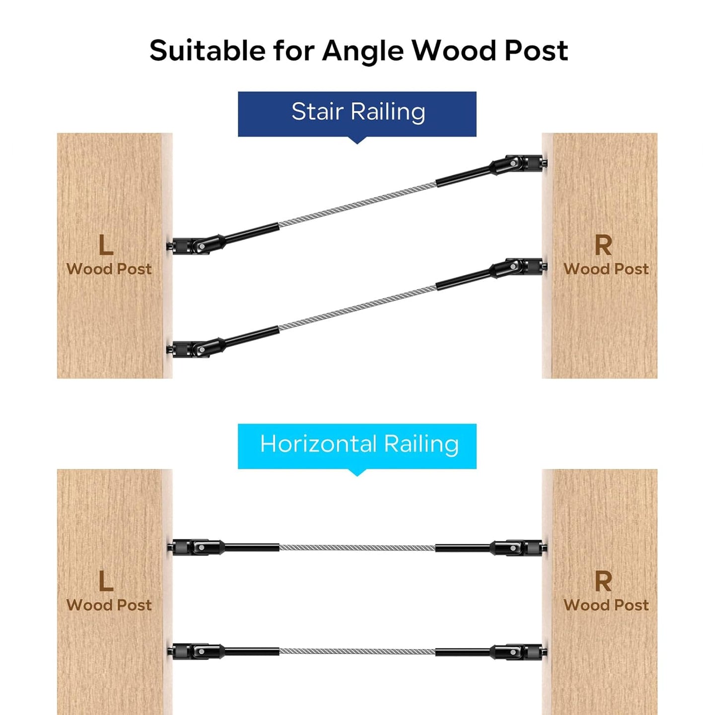 RiaYer adjustable kit suitable for both angled stair railing and flat horizontal wood post railing.