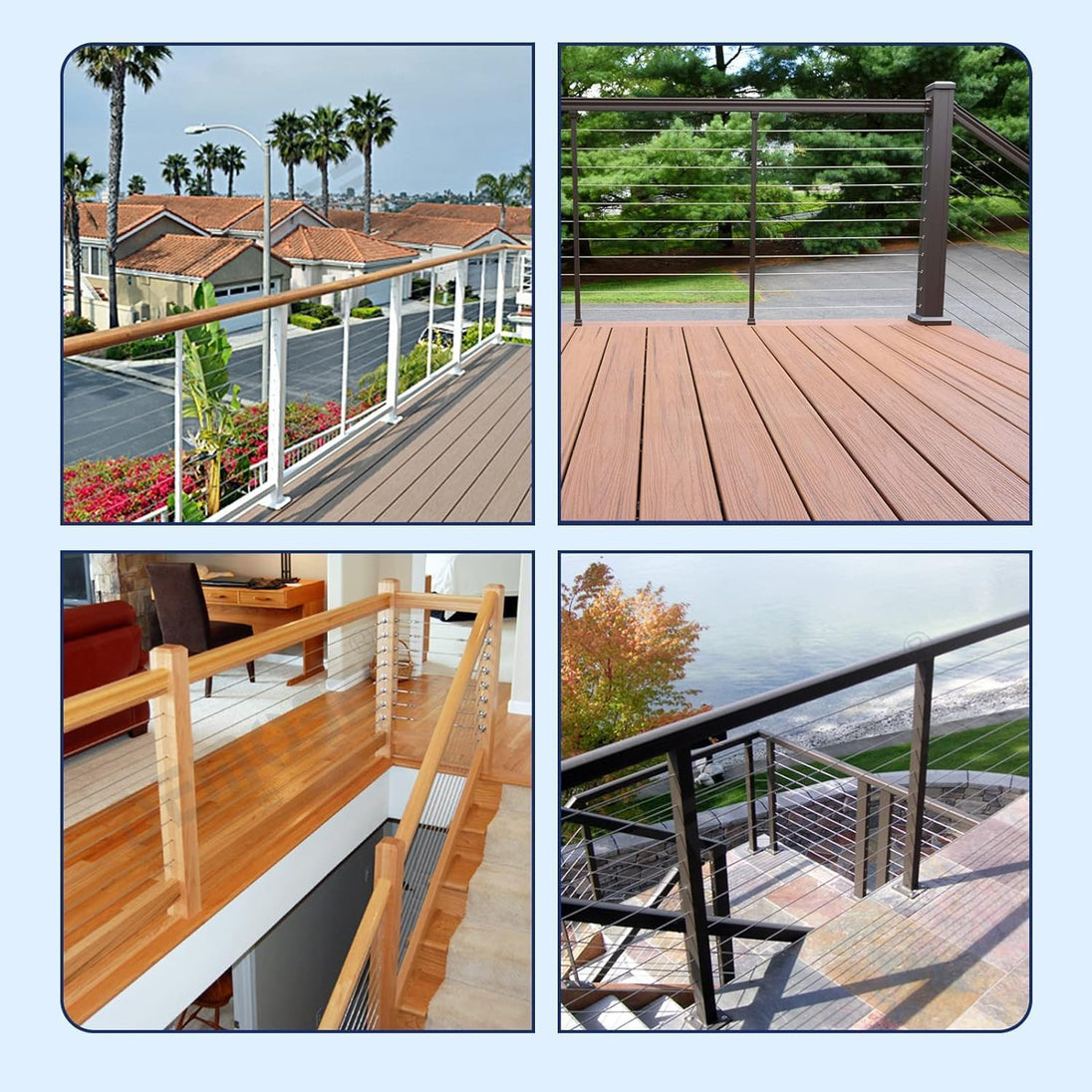 Modern staircase featuring wood posts with installed angled protective sleeves for cable railing.
