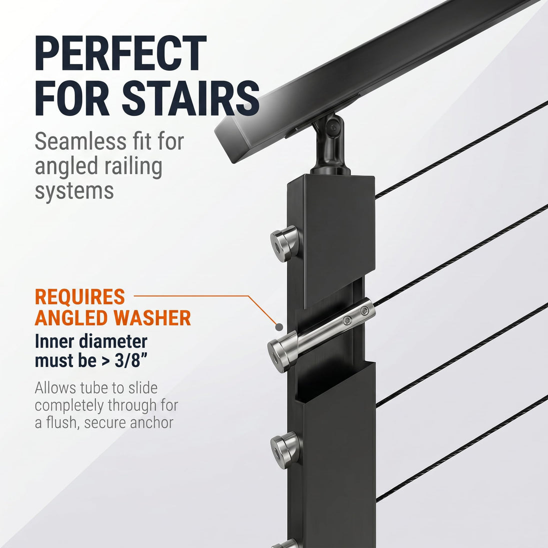 Cable railing hardware installed on metal stair posts, perfect for angled railing systems