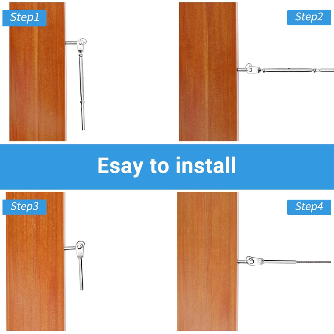 Easy installation steps for mounting the RiaYer toggle turnbuckle on wood stair posts.