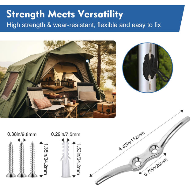 Detailed hardware graphic for a pulley kit used to tension outdoor sun shade sails, displaying the included rope, cleat, and stainless steel pad eye.