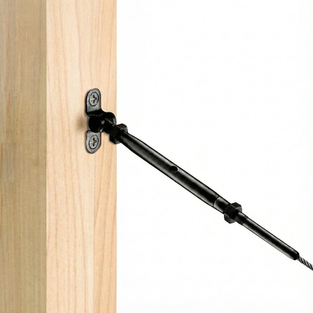 Close-up of the surface mount base plate secured to a wood post for cable railing installation.