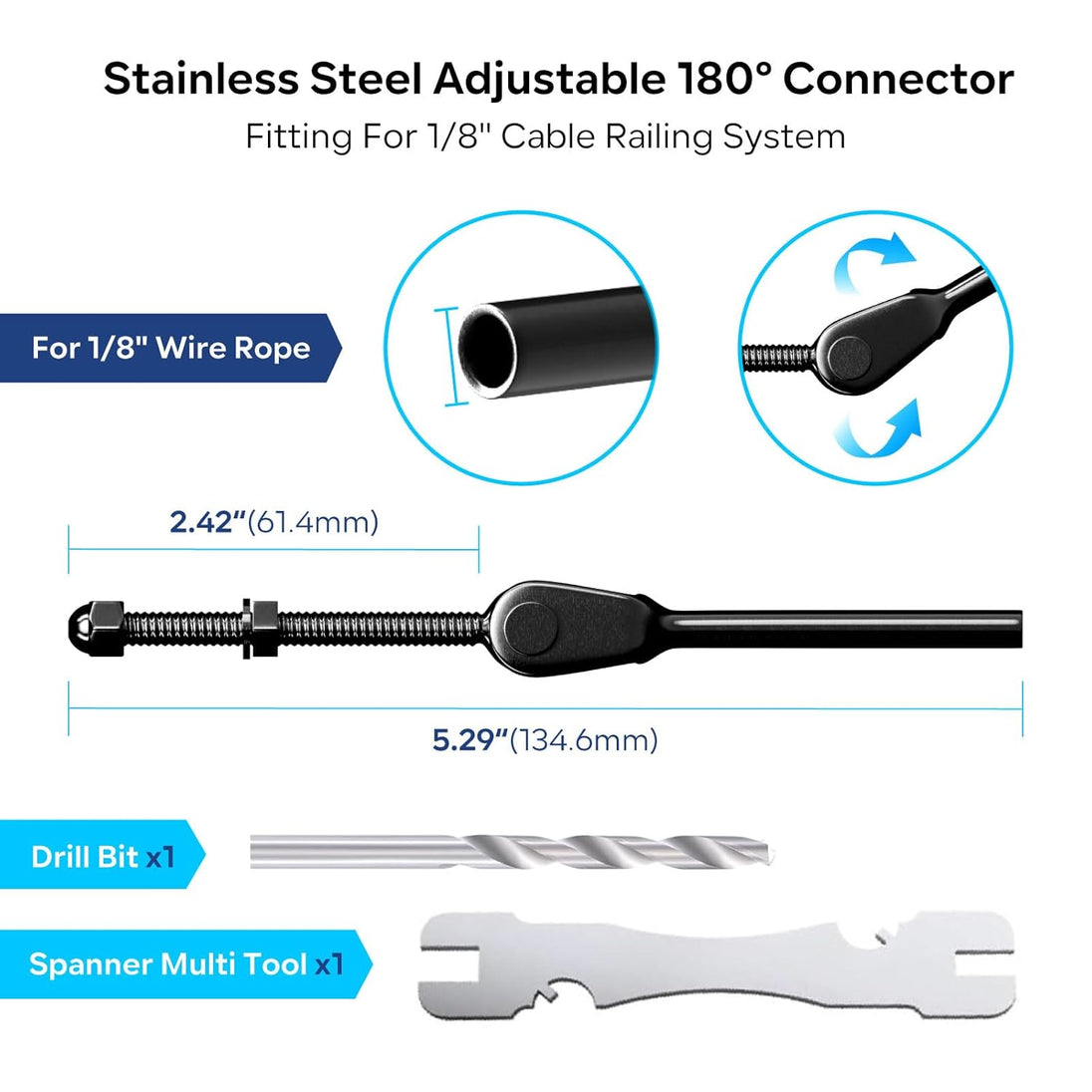 Dimensions and size chart for RiaYer adjustable 180 degree cable railing turnbuckle.
