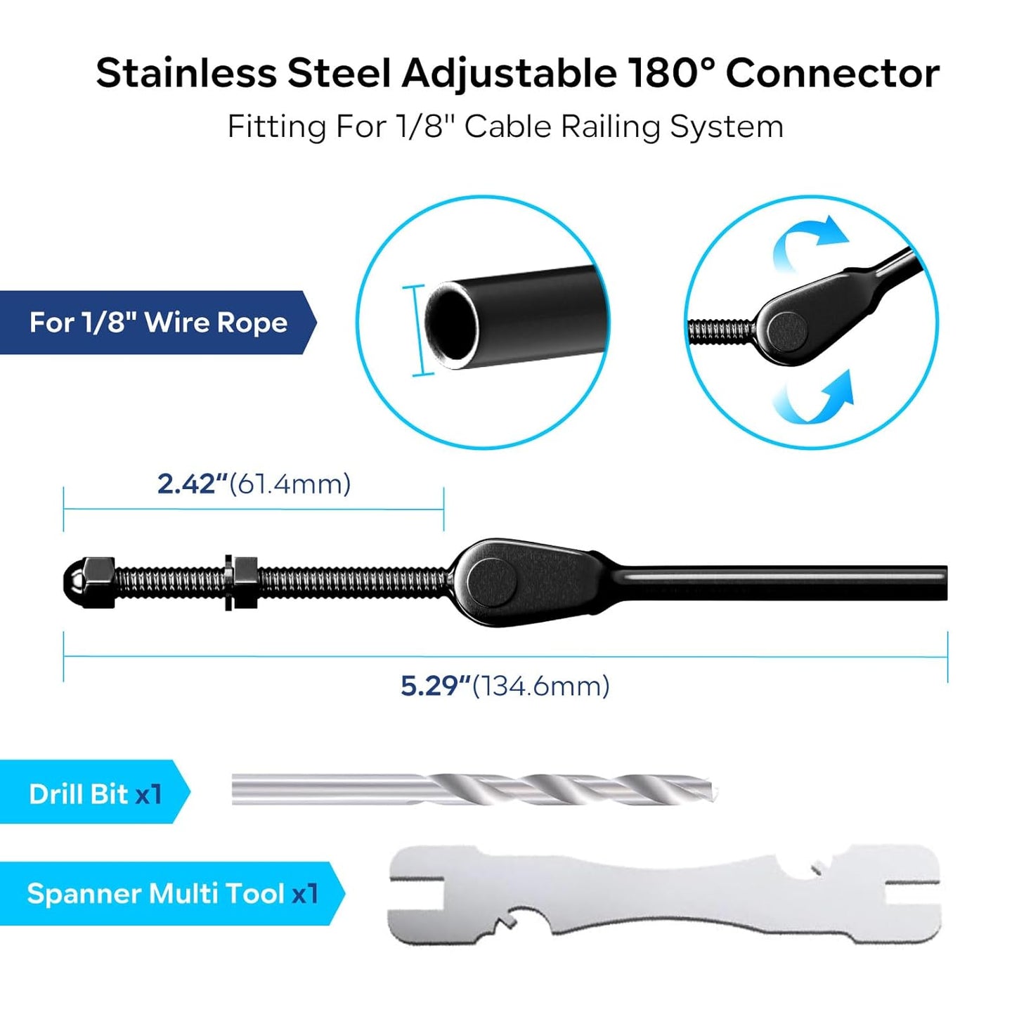 Dimensions and size chart for RiaYer adjustable 180 degree cable railing turnbuckle.