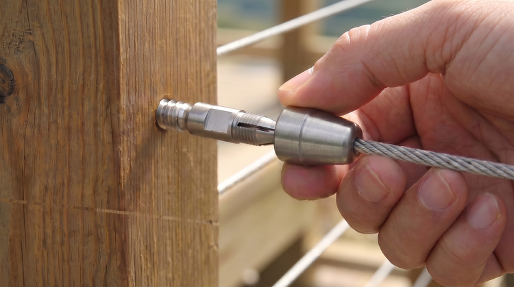 Close-up of a person's hand manually tightening the outer cap of a stainless steel swageless cable railing fitting into a wooden deck post, securing the wire rope without tools.