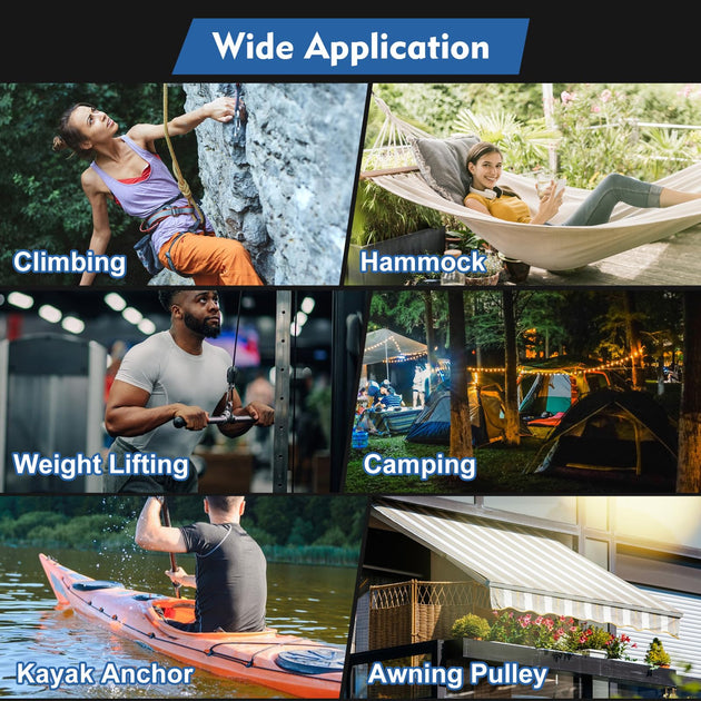 A photo collage illustrating versatile applications for a swivel pulley hoist system, including DIY home gym setups, garage storage lifting, and heavy plant hanging.