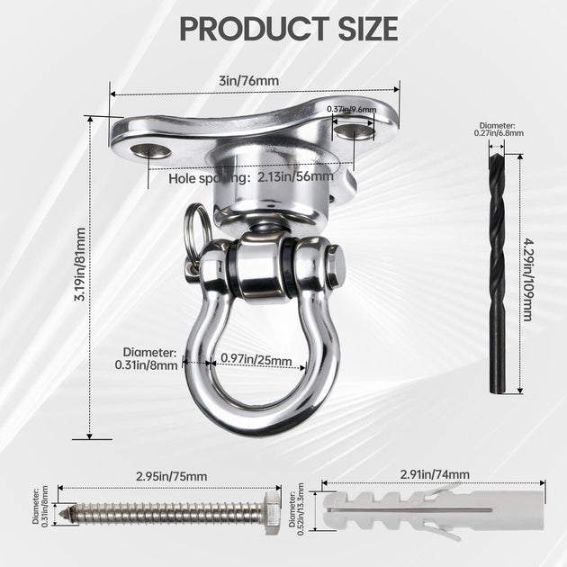 Detailed dimensions and size chart for the RiaYer heavy duty swivel swing hanger.