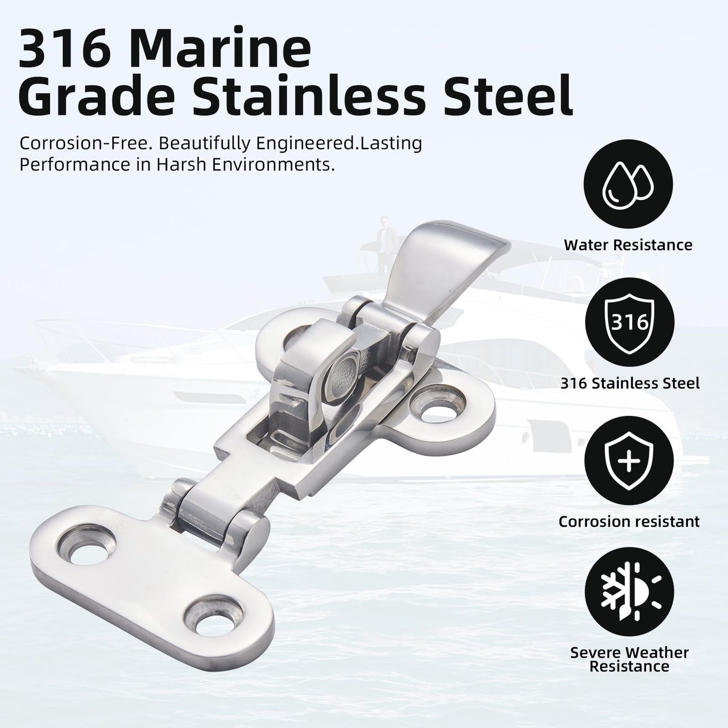 Durability icons for T316 marine grade stainless steel used in RiaYer hatch latches.