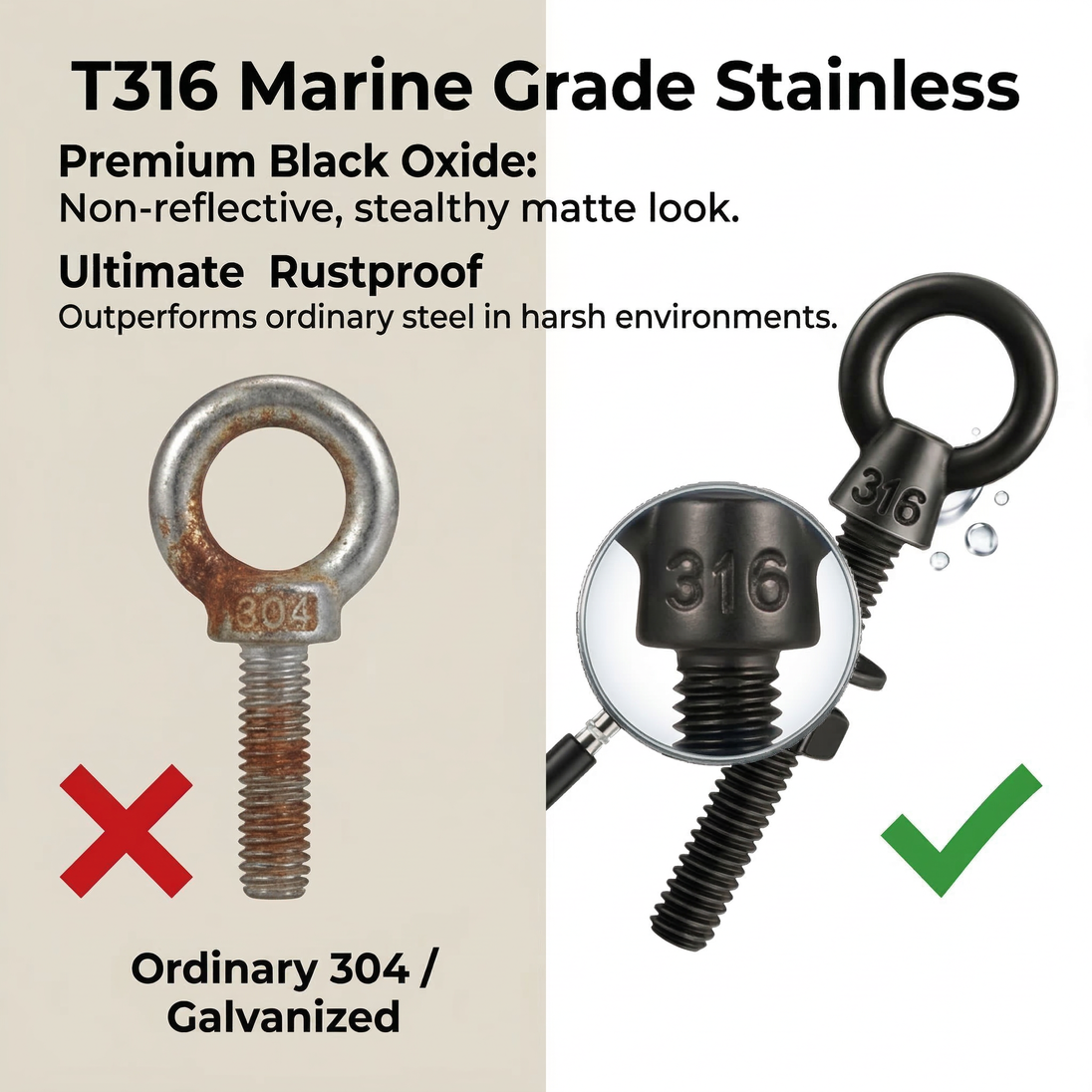 RiaYer T316 marine grade stainless steel eye bolts showing absolute rustproof performance over 304 steel.