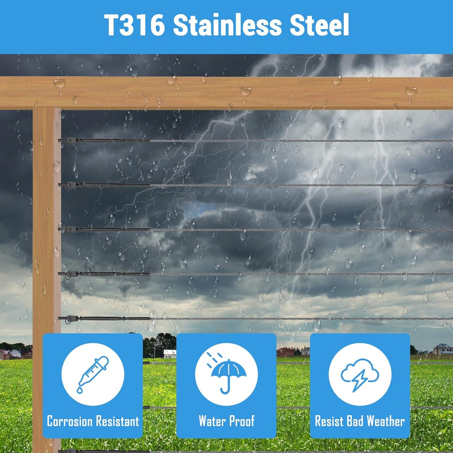 Product feature graphic highlighting T316 marine-grade stainless steel hardware, engineered to resist rust during severe rain and coastal storms.