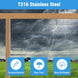 Product feature graphic highlighting T316 marine-grade stainless steel hardware, engineered to resist rust during severe rain and coastal storms.