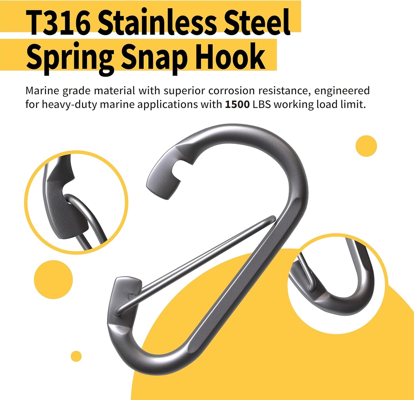 Close up of RiaYer T316 stainless steel snap hook with interlocking tooth spring gate.