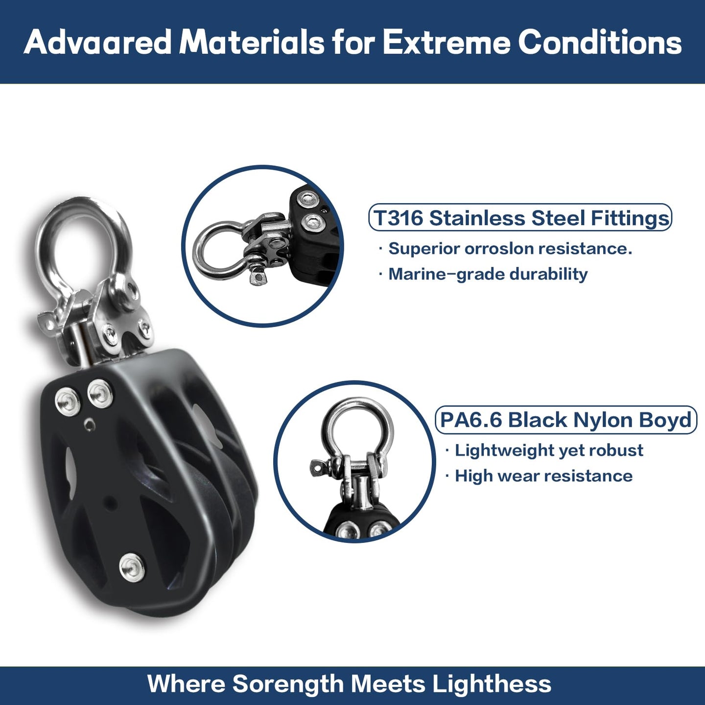 Hybrid marine pulley construction featuring T316 stainless steel fittings and lightweight PA66 nylon body.