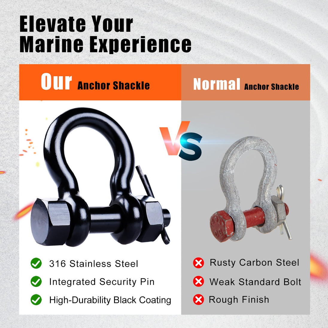Comparison showing why T316 stainless steel shackles are superior to standard carbon steel hardware.