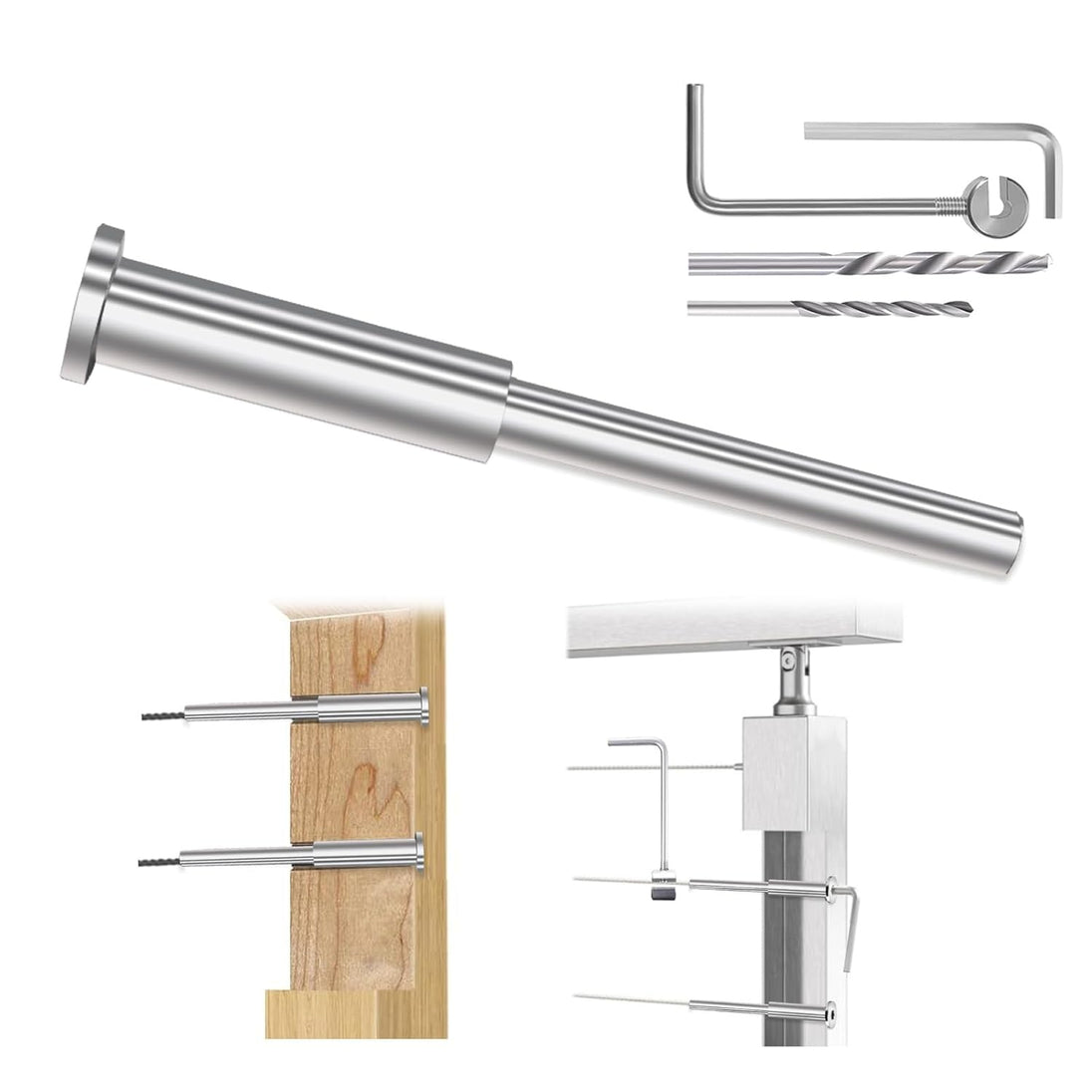 Tensioning the invisible cable railing receiver inside wood post using a hex wrench
