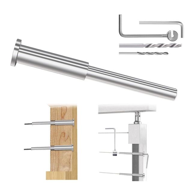 Tensioning the invisible cable railing receiver inside wood post using a hex wrench
