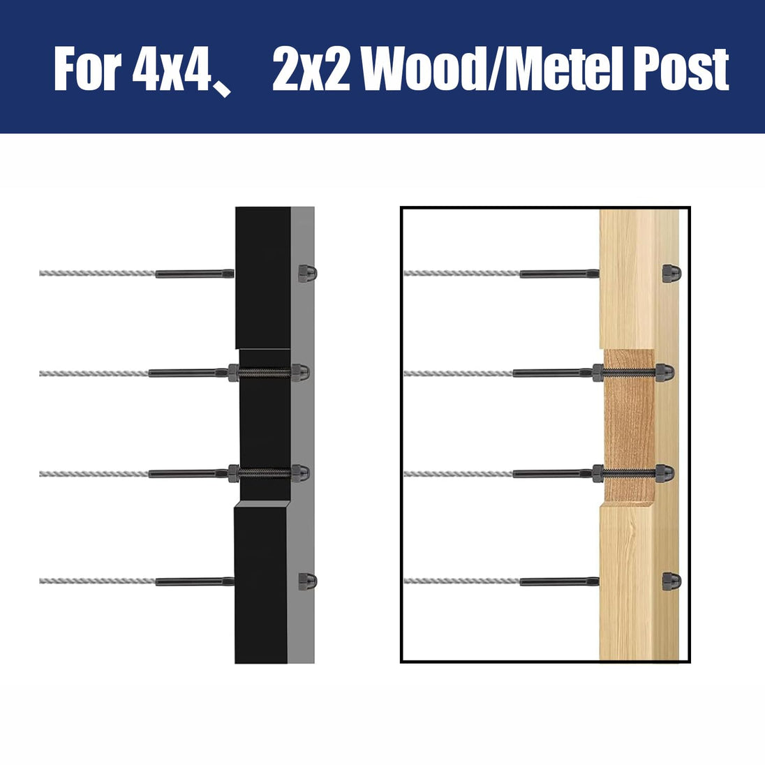 Black threaded stud tensioner compatible with wood and metal posts