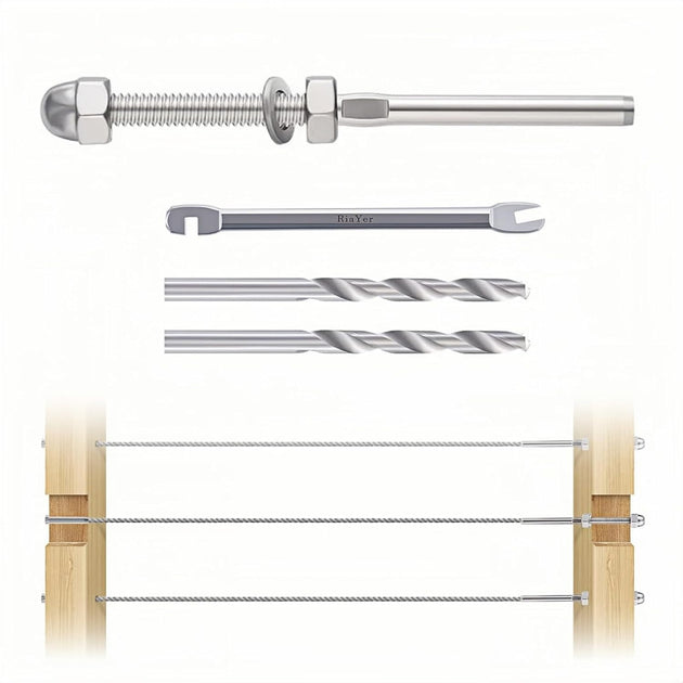 Included components for the RiaYer threaded stud kit featuring tensioners, drill bits, wrench, and through-post installation diagram.