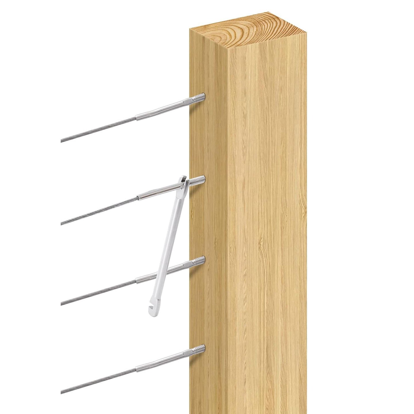 Diagram showing RiaYer threaded stud tensioner passing through a wood post for maximum tension.