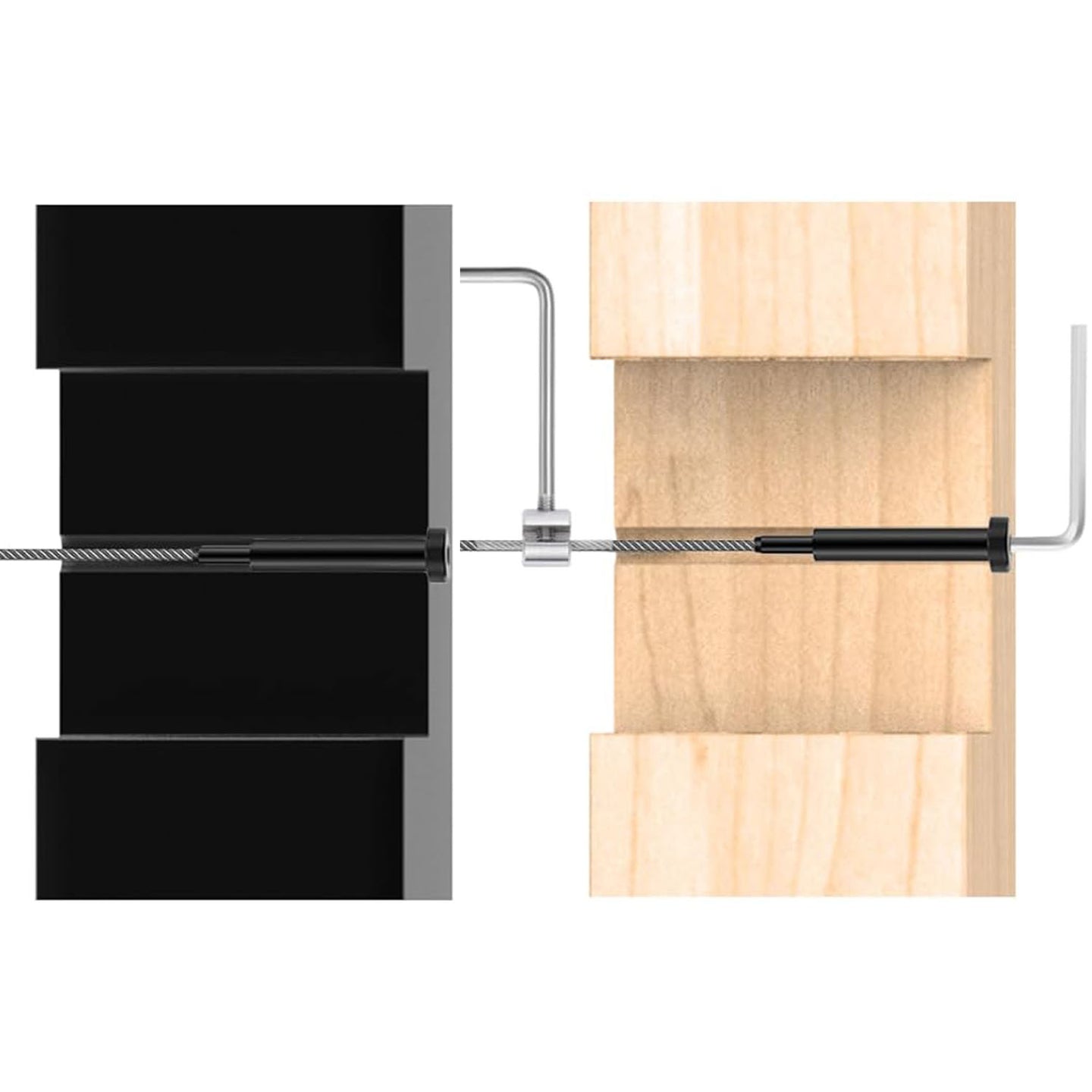 Cross section showing how to tighten black invisible cable tensioner inside metal and wood posts using a hex wrench
