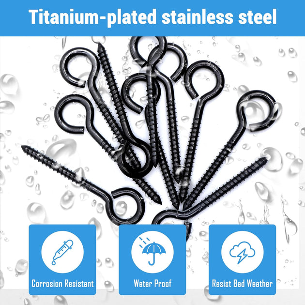 Product feature graphic highlighting a 10-pack of titanium-plated black stainless steel eye bolts, emphasizing superior scratch resistance and high load capacity.