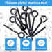 Product feature graphic highlighting a 10-pack of titanium-plated black stainless steel eye bolts, emphasizing superior scratch resistance and high load capacity.