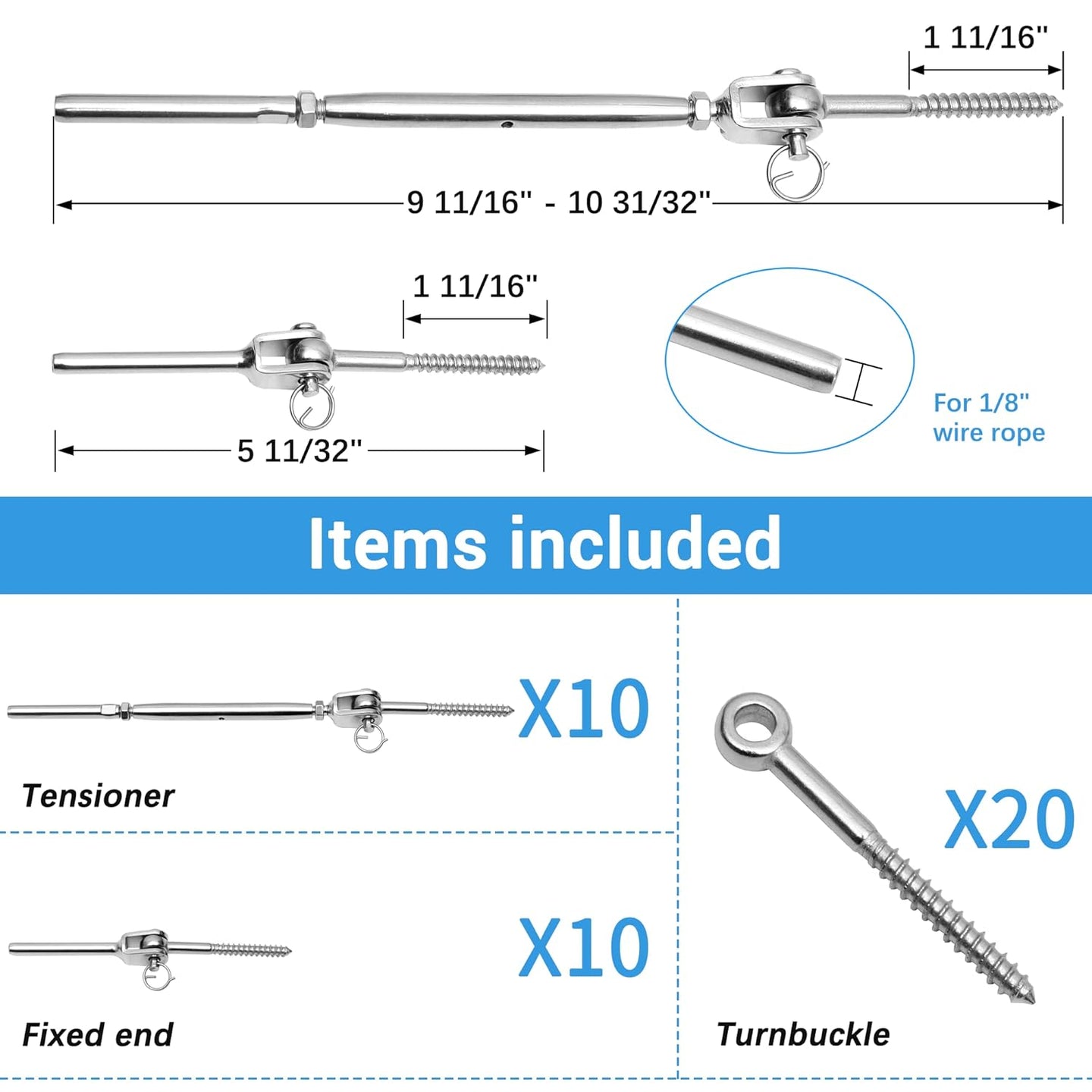 Dimensions and included parts for the RiaYer adjustable toggle turnbuckle cable railing kit.