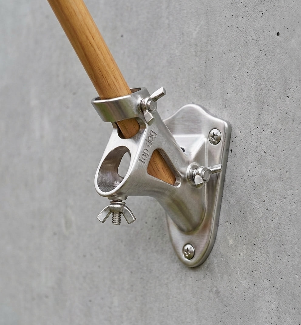 Triple locking butterfly screws on stainless steel flag pole holder