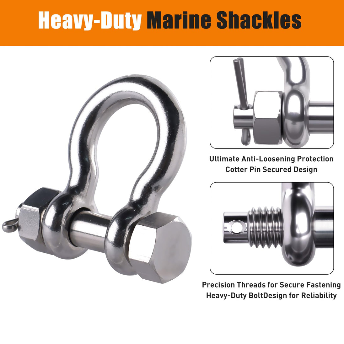 Breakdown of the triple lock safety pin shackle showing bolt nut and cotter pin