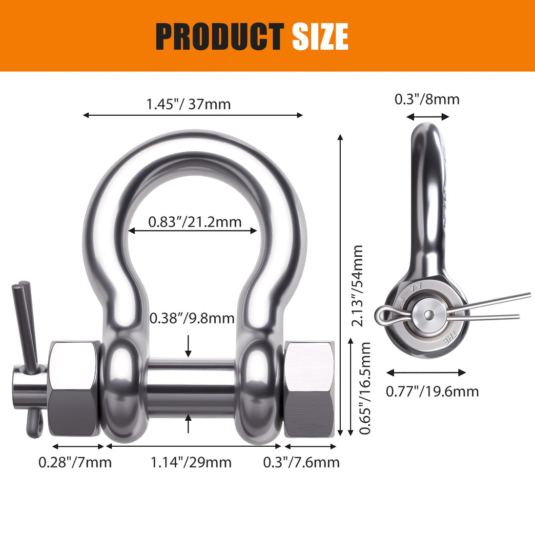 Breakdown of the triple lock safety pin shackle showing bolt nut and cotter pin
