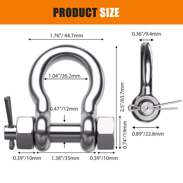 Breakdown of the triple lock safety pin shackle showing bolt nut and cotter pin