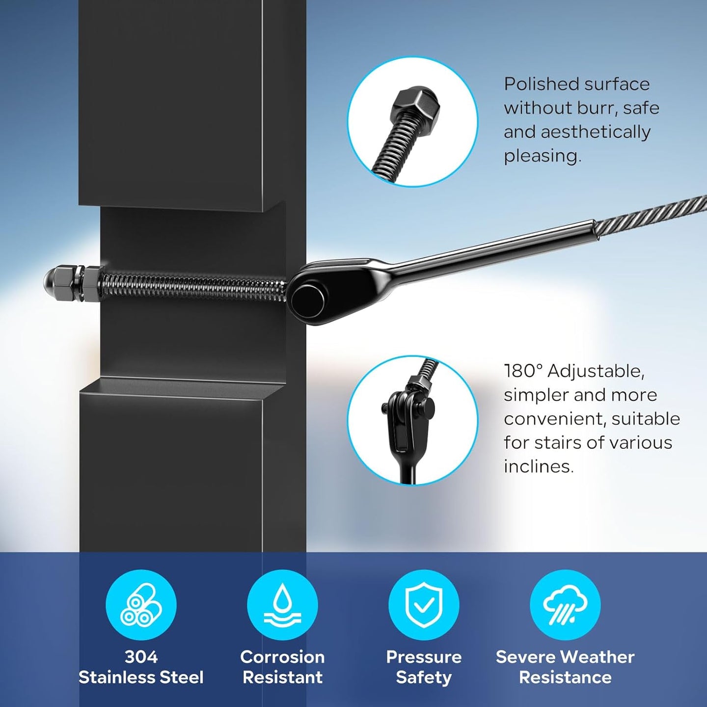 Four step installation process for RiaYer adjustable swage turnbuckle cable railing kit.