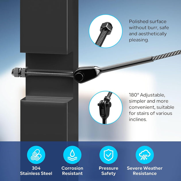 Four step installation process for RiaYer adjustable swage turnbuckle cable railing kit.