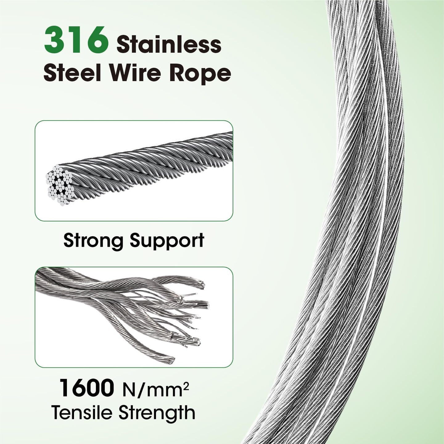 Uncoated 1/8 inch 7x7 bare T316 stainless steel wire rope for high strength plant support