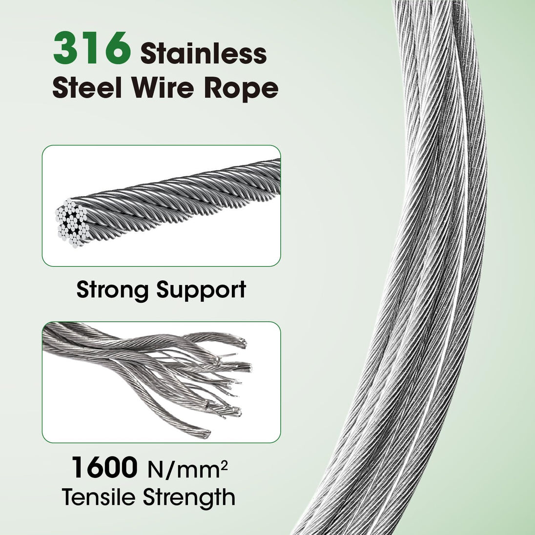 Close up of uncoated 1/8 inch 7x7 T316 stainless steel wire rope for high tensile strength trellis