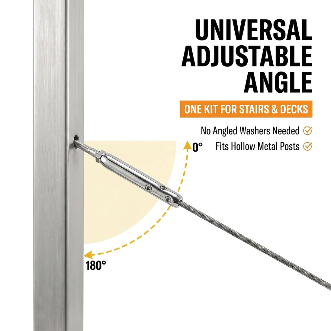 Universal 180-degree adjustable angle toggle anchor fitting. One single kit works perfectly for both flat level decks and angled stairs without the need for extra angled washers.