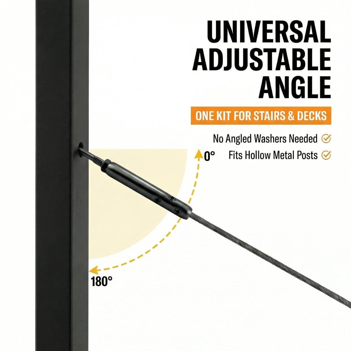 Universal 180-degree adjustable angle black toggle anchor fitting attached to a metal post. One single kit works perfectly for both flat level decks and angled stairs without the need for extra angled washers.