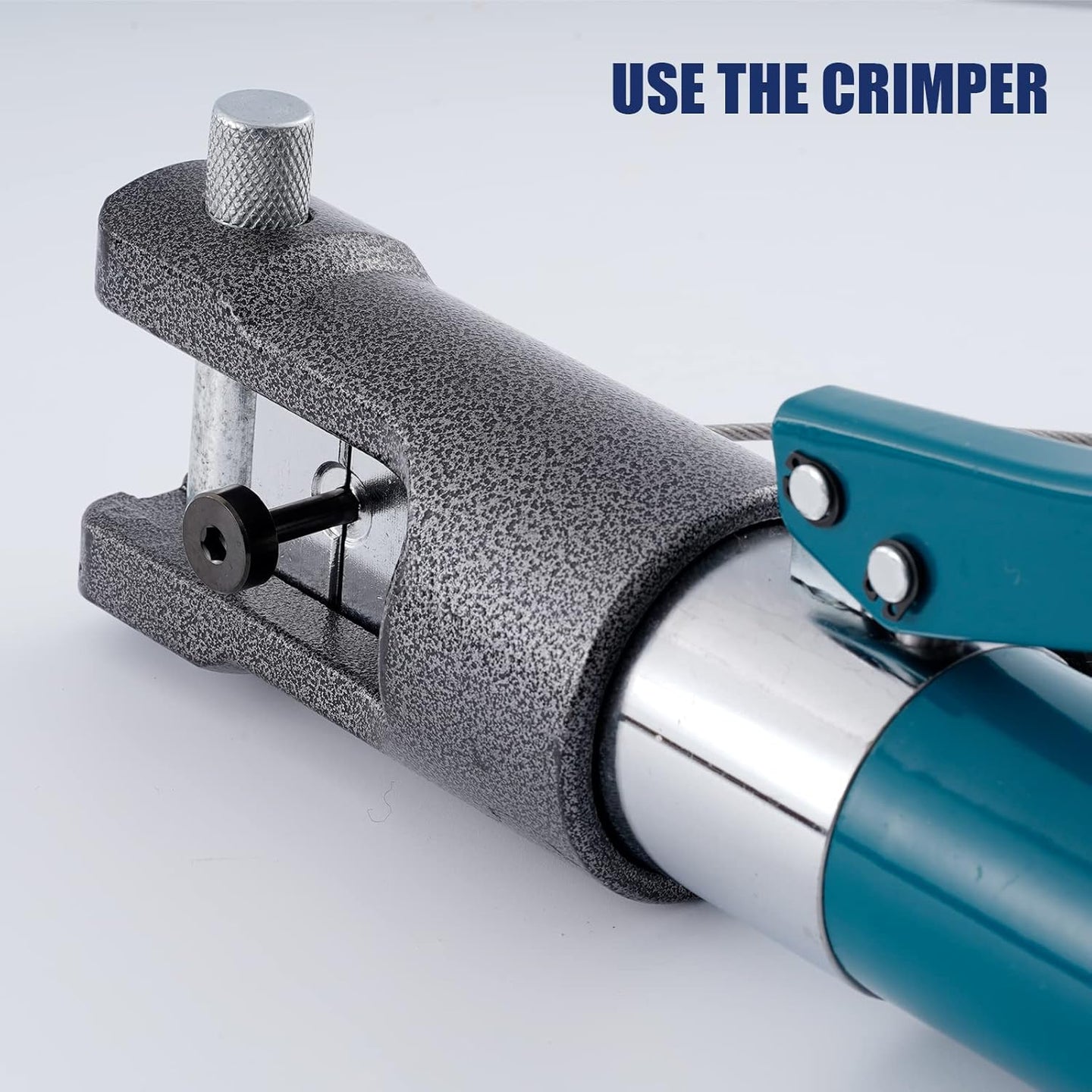 Using hydraulic crimping tool to swage wire rope into black invisible cable railing terminal