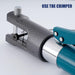 Using hydraulic crimping tool to swage wire rope into black invisible cable railing terminal