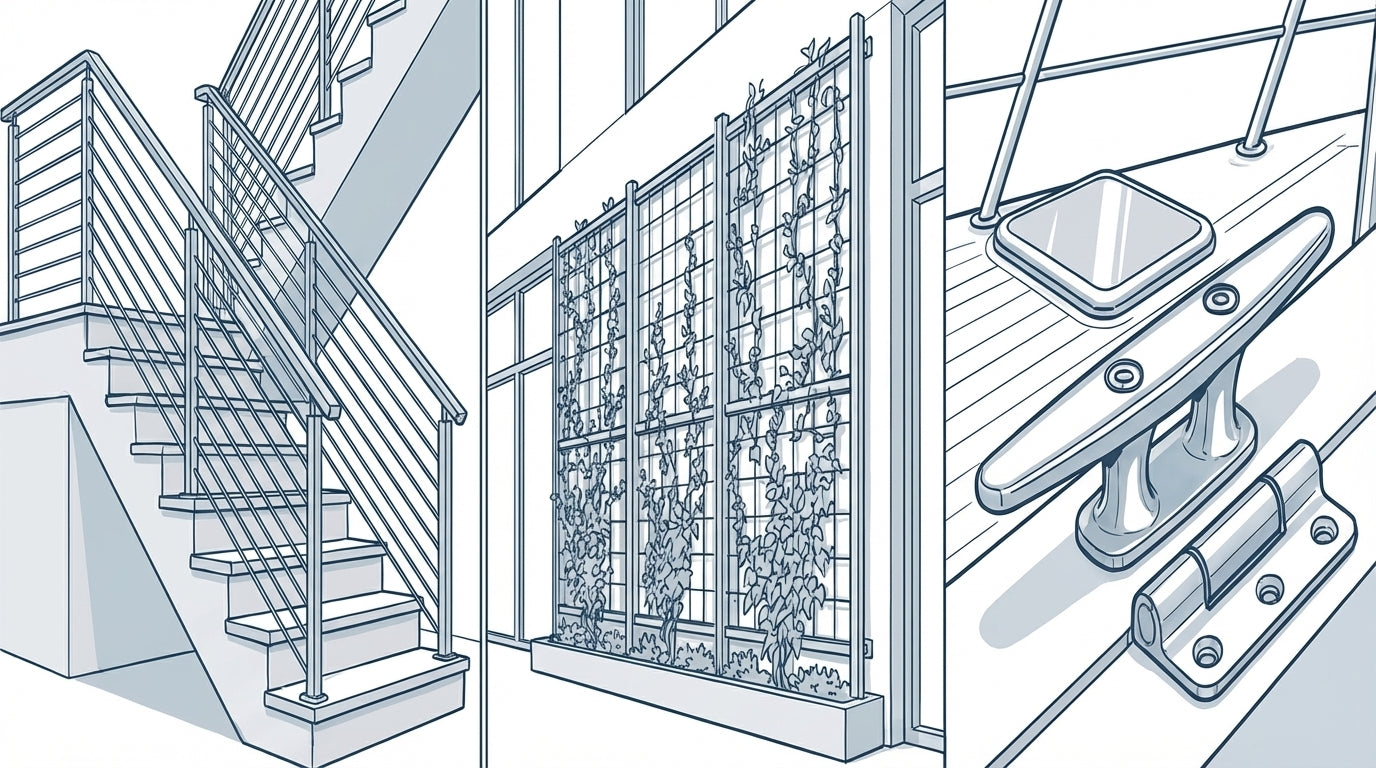 Three line drawing sketches showing hardware used for stair railings, a wall-mounted plant trellis, and boat deck fittings.