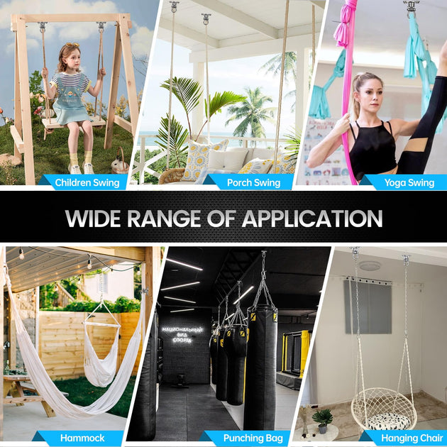 Wide range of applications for the RiaYer heavy duty swivel swing hanger, securely mounting porch swings, aerial yoga silks, hammocks, and heavy punching bags.