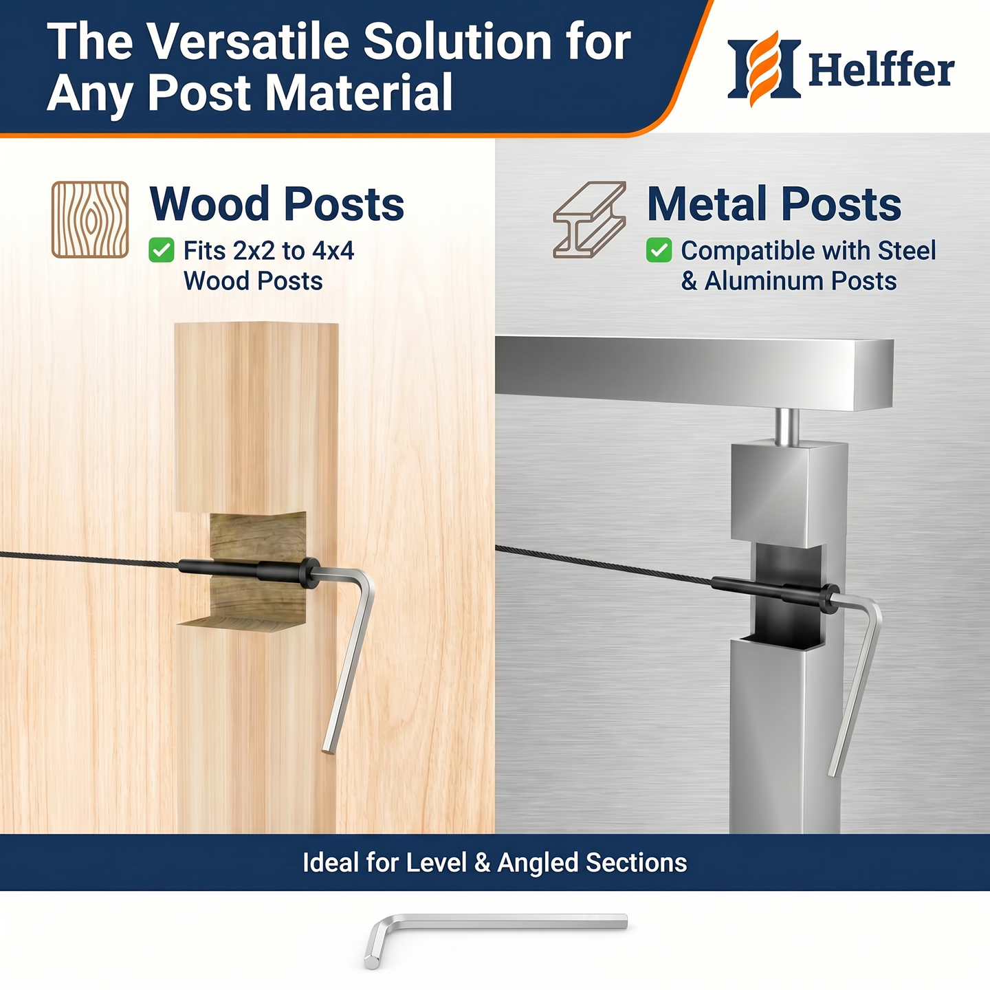 The versatile solution for any post material. Cross-section diagrams showing the black invisible cable railing hardware perfectly fitting inside both wood posts and hollow metal posts.