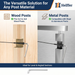 The versatile solution for any post material. Cross-section diagrams showing the black invisible cable railing hardware perfectly fitting inside both wood posts and hollow metal posts.