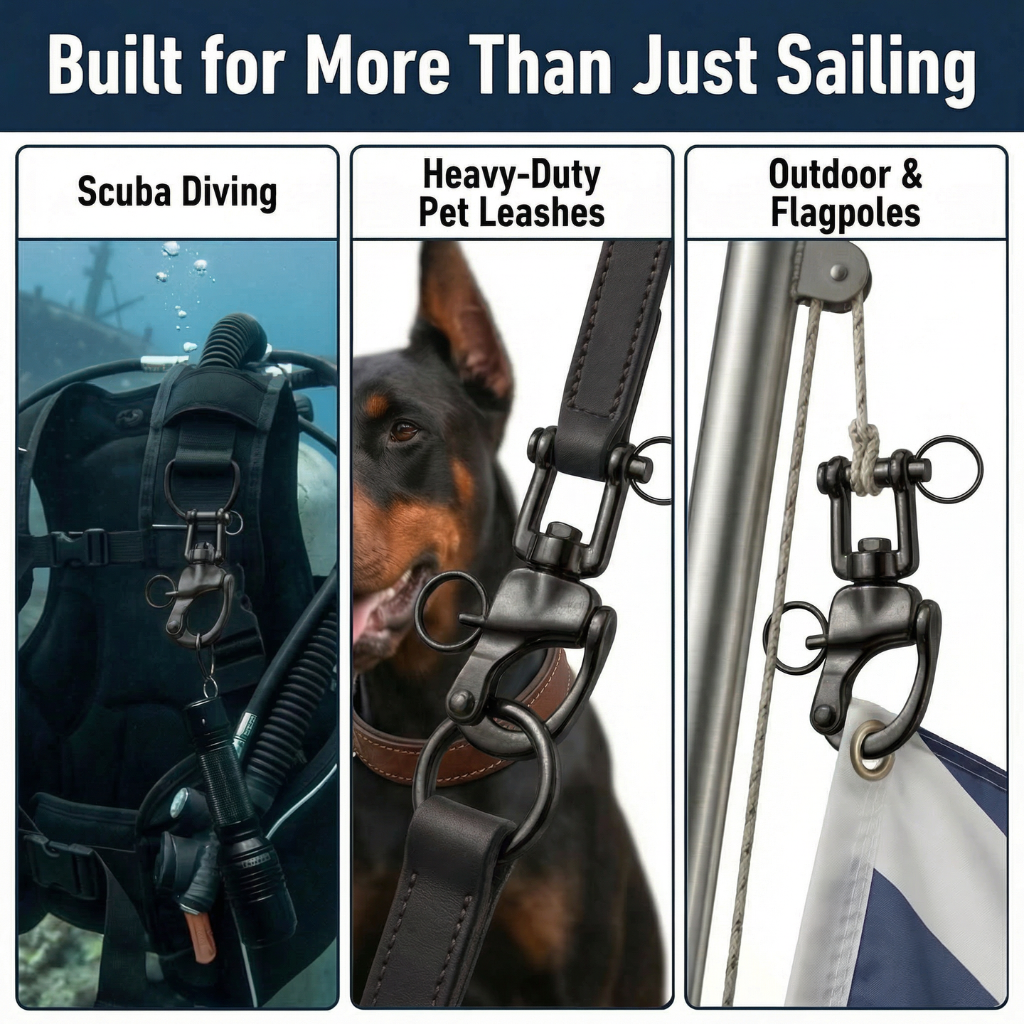 Versatile applications for RiaYer black snap shackle including scuba diving, heavy duty pet leashes, and flagpoles.