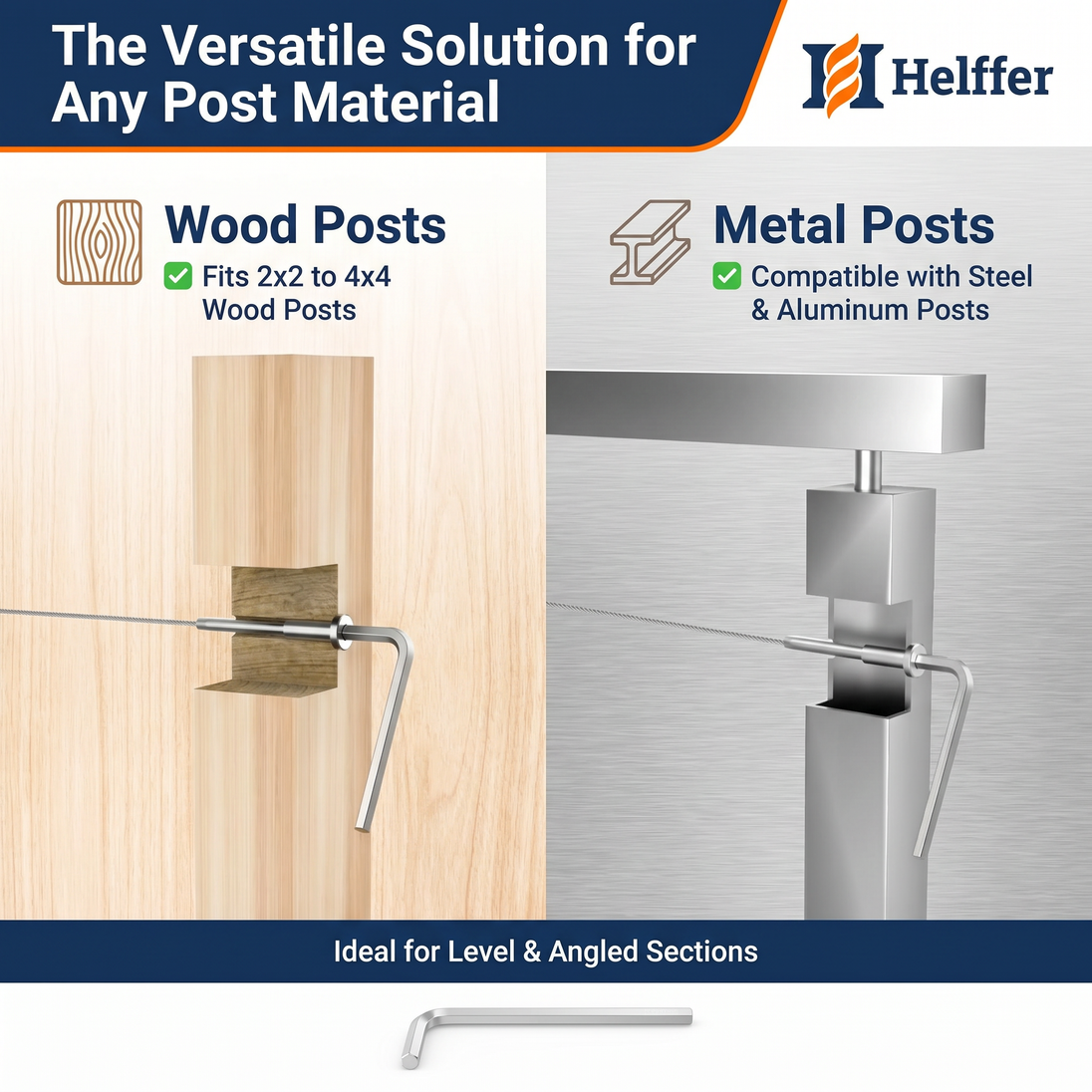 The versatile solution for any post material. Close-up diagrams demonstrating how the invisible cable railing fittings are perfectly compatible with both 2x2 to 4x4 wood posts and steel or aluminum metal posts.
