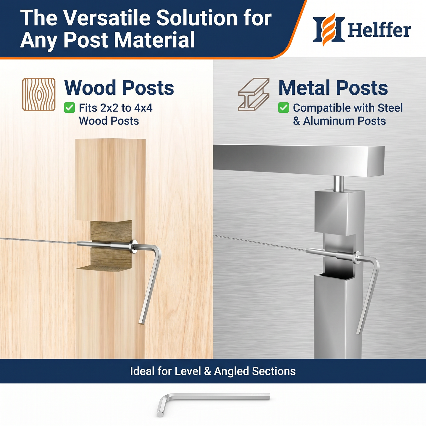 The versatile solution for any post material. Close-up diagrams demonstrating how the invisible cable railing fittings are perfectly compatible with both 2x2 to 4x4 wood posts and steel or aluminum metal posts.