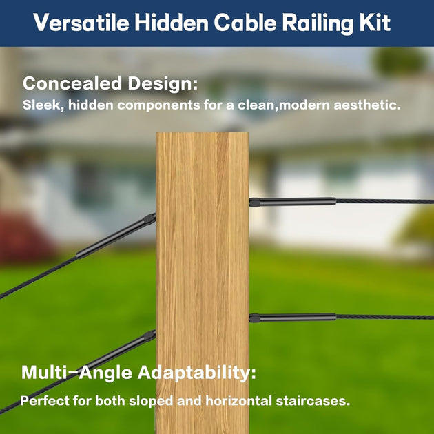 Concealed black lag screw design for clean and modern deck cable railing.