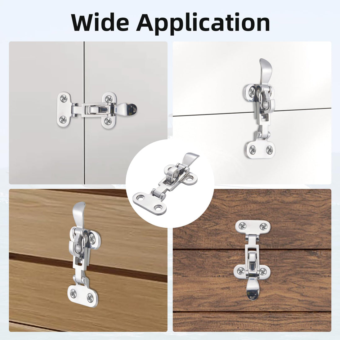 Wide applications of RiaYer marine latches on cabinets, lockers, and boat hatches.