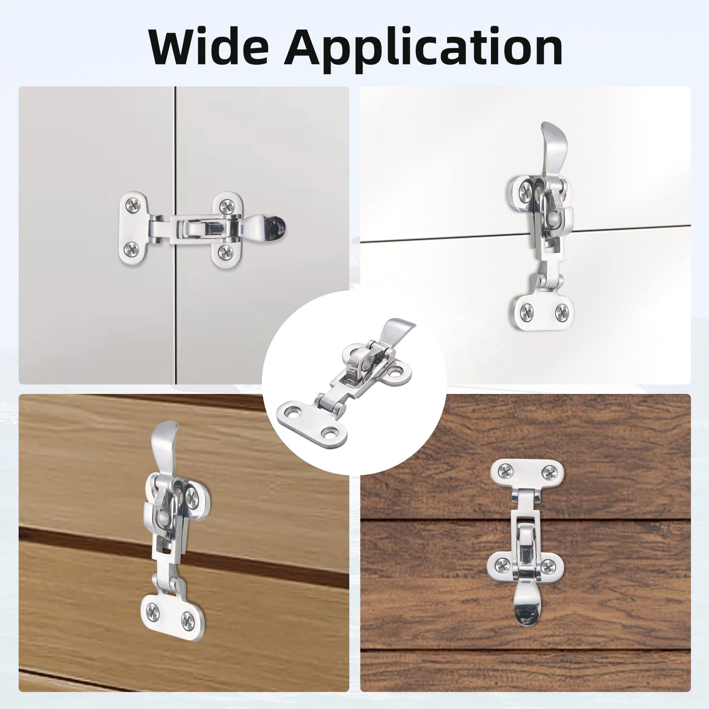 Wide applications of RiaYer marine latches on cabinets, lockers, and boat hatches.
