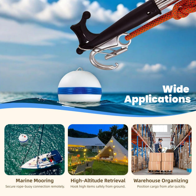 Versatile applications for RiaYer mooring hook including buoy hitching and boat docking.